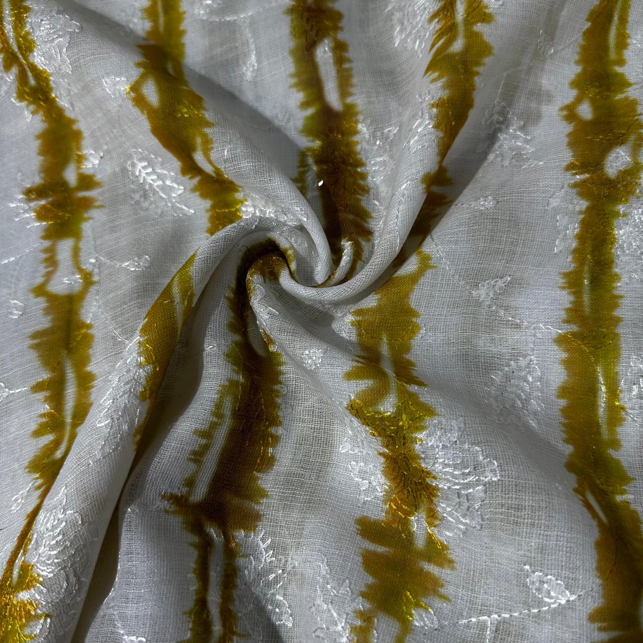 White & Yellow Shibori Embroidery Linen Fabric 12920