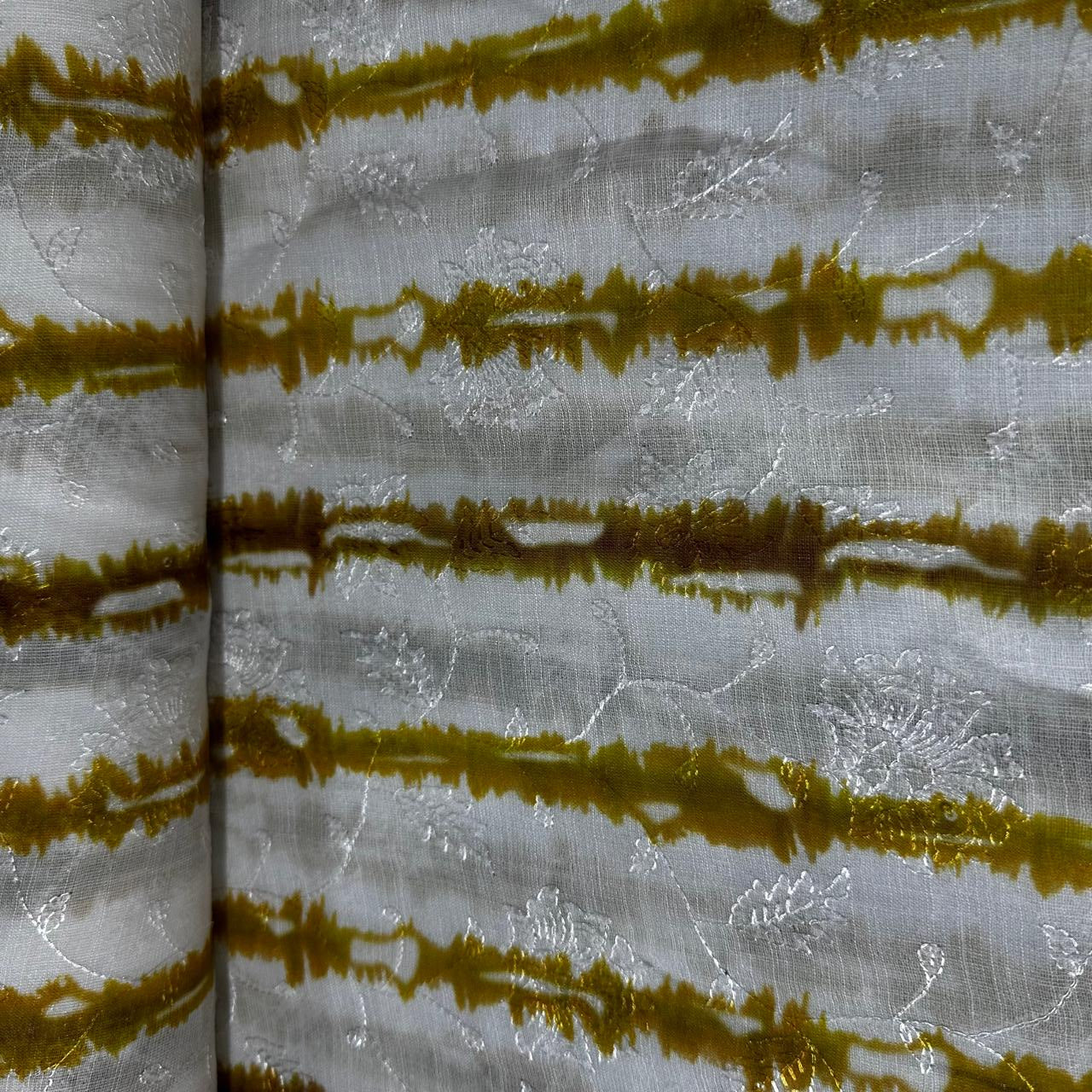 White & Yellow Shibori Embroidery Linen Fabric 12920