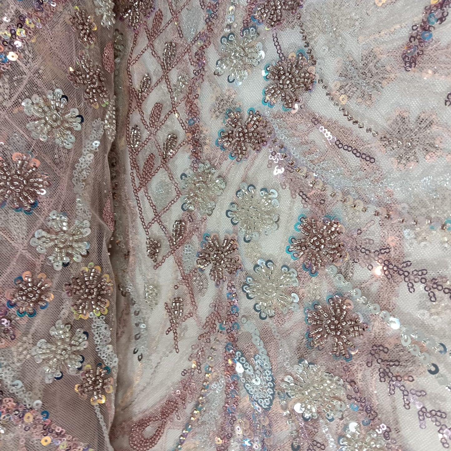 Peach Pink Imported Handwork Bead Sequence Embroidery Net Fabric 9034