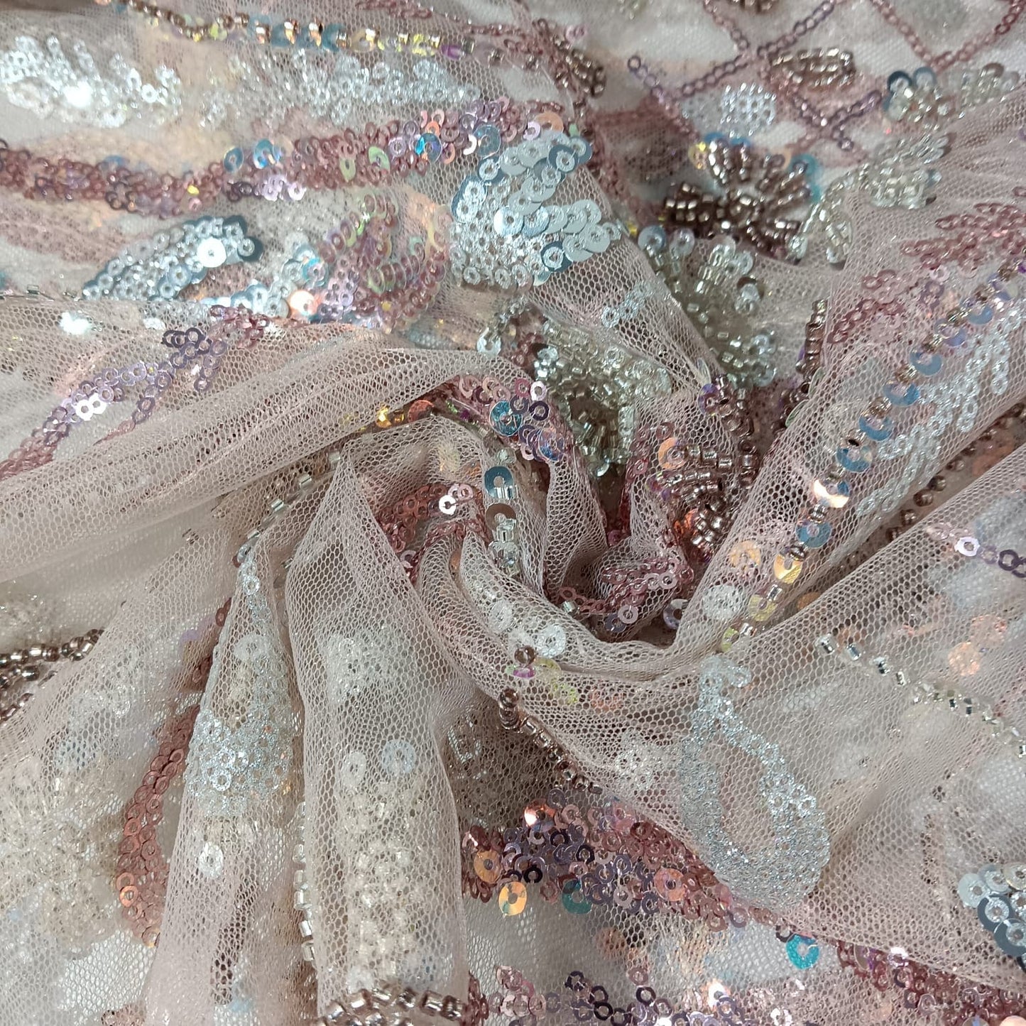 Peach Pink Imported Handwork Bead Sequence Embroidery Net Fabric 9034