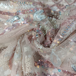 Peach Pink Imported Handwork Bead Sequence Embroidery Net Fabric 9034