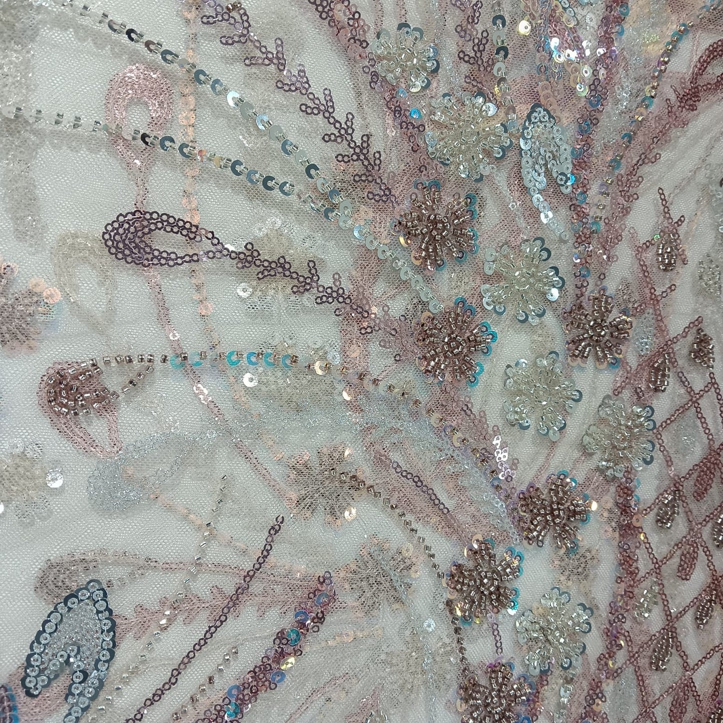 Peach Pink Imported Handwork Bead Sequence Embroidery Net Fabric 9034