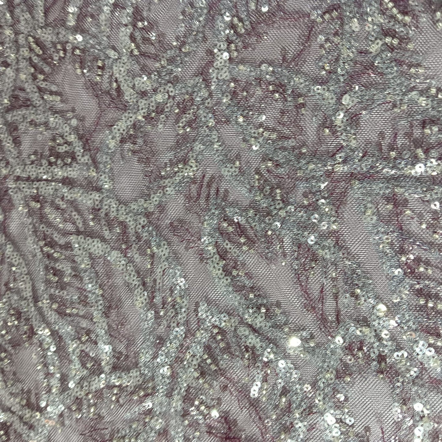 Wine With Silver Leaves Sequence Pearl Embroidery Net Fabric 14227