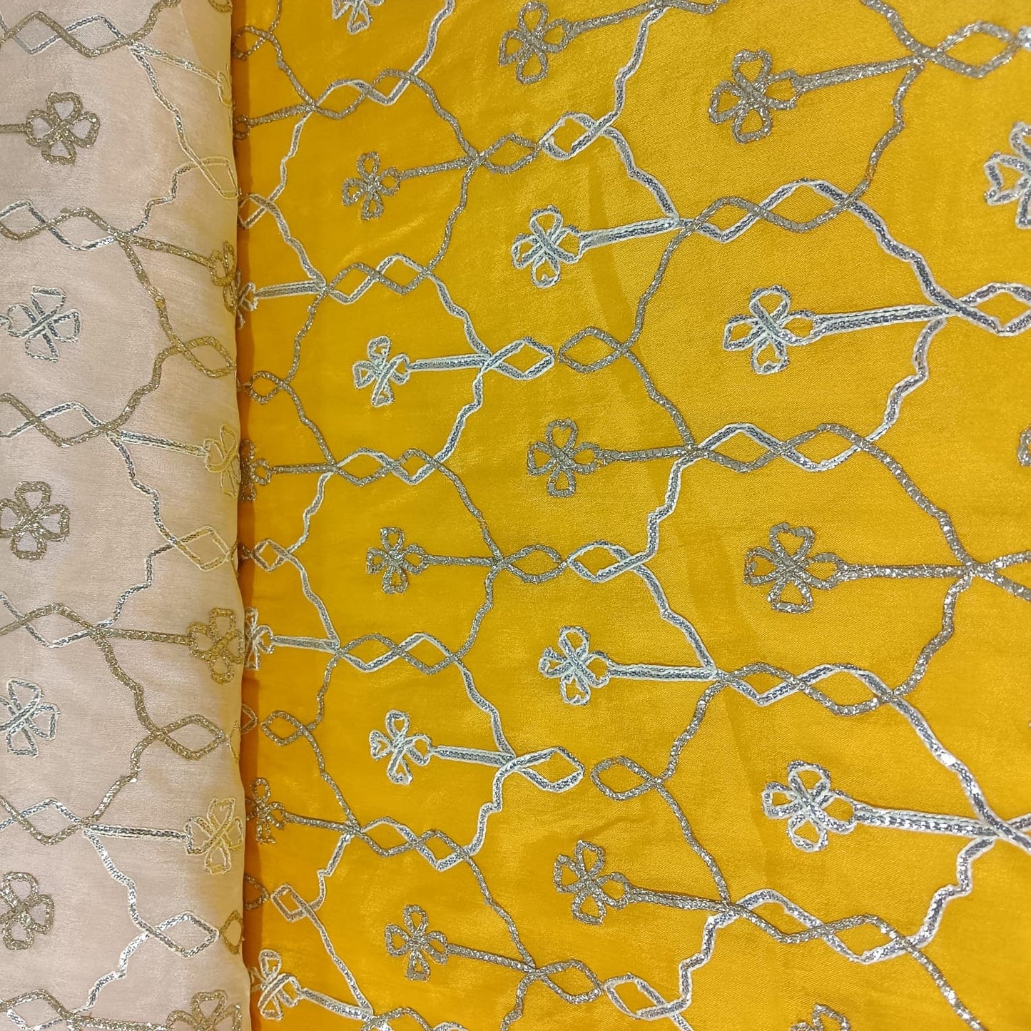 Yellow Cream Floral Gota Work Ombre Chinnon Fabric 14292