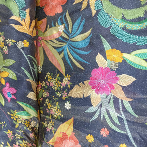 Dark Grey Floral Embroidery Tissue Silk Fabric 20863