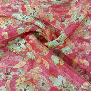 Brick Red Cutdana Floral Print Pure Tissue Fabric 21276