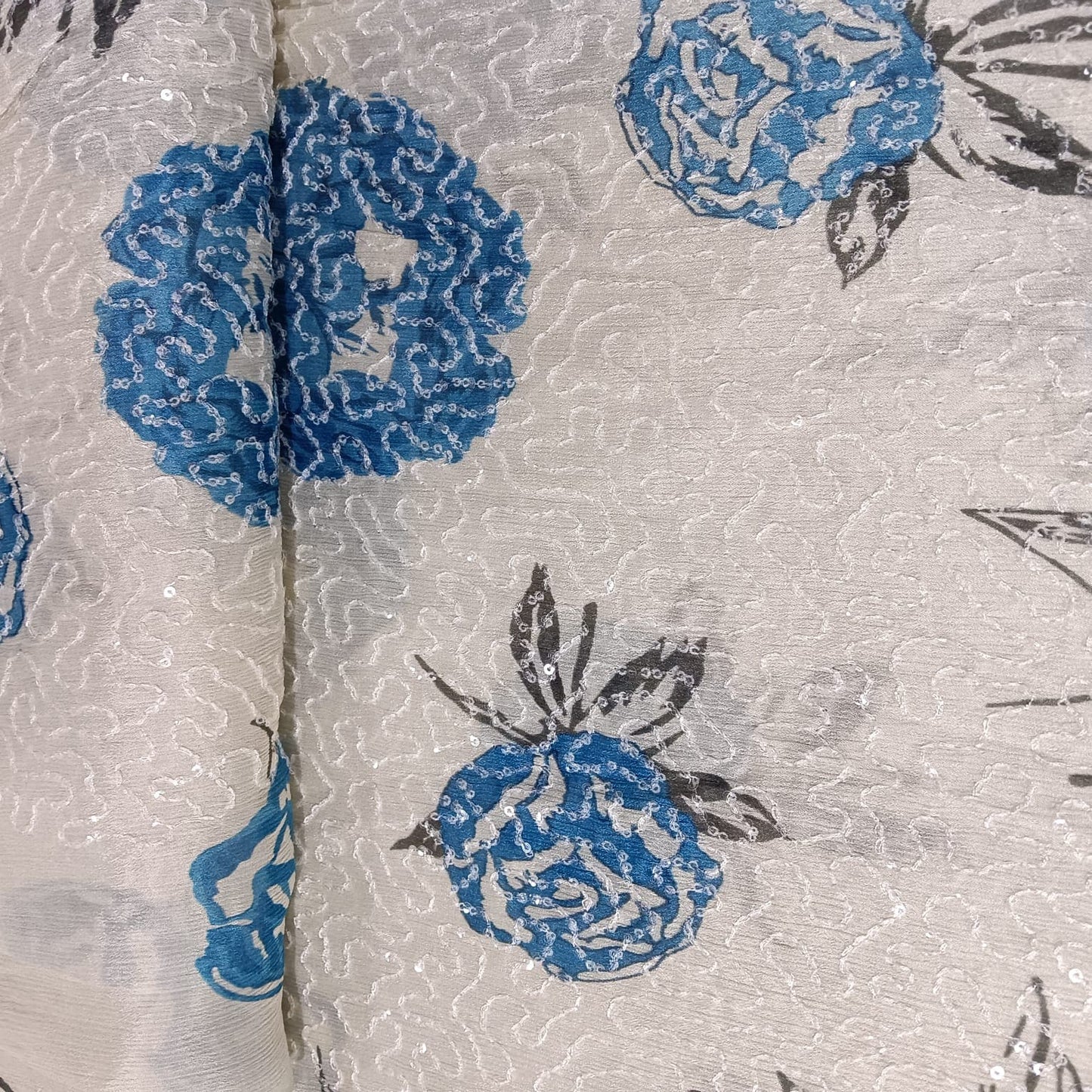 White Blue Floral Sequins Embroidery Chinnon Chiffon Fabric 15885