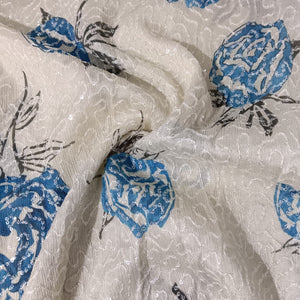White Blue Floral Sequins Embroidery Chinnon Chiffon Fabric 15885