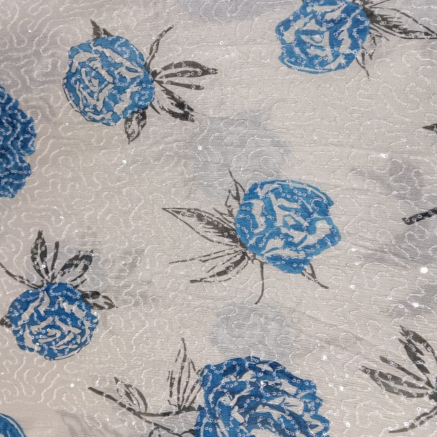 White Blue Floral Sequins Embroidery Chinnon Chiffon Fabric 15885