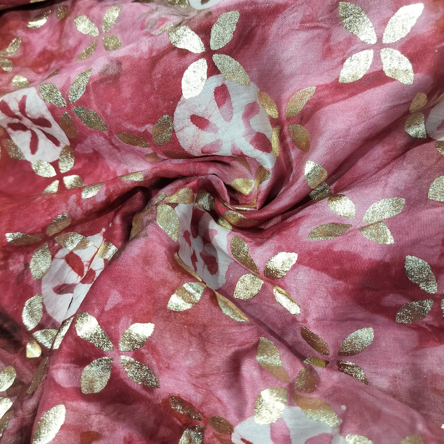 Pink Floral Batik Foil Print Chanderi Fabric 15512