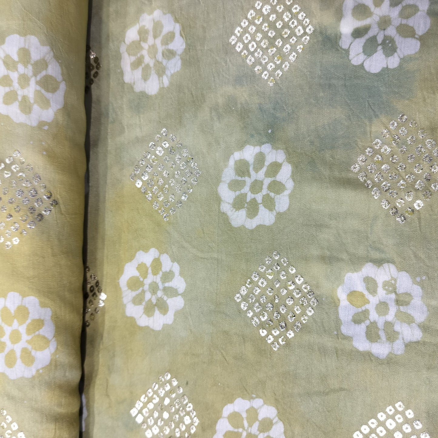 Green Batik Foil Print Chanderi Fabric 15510
