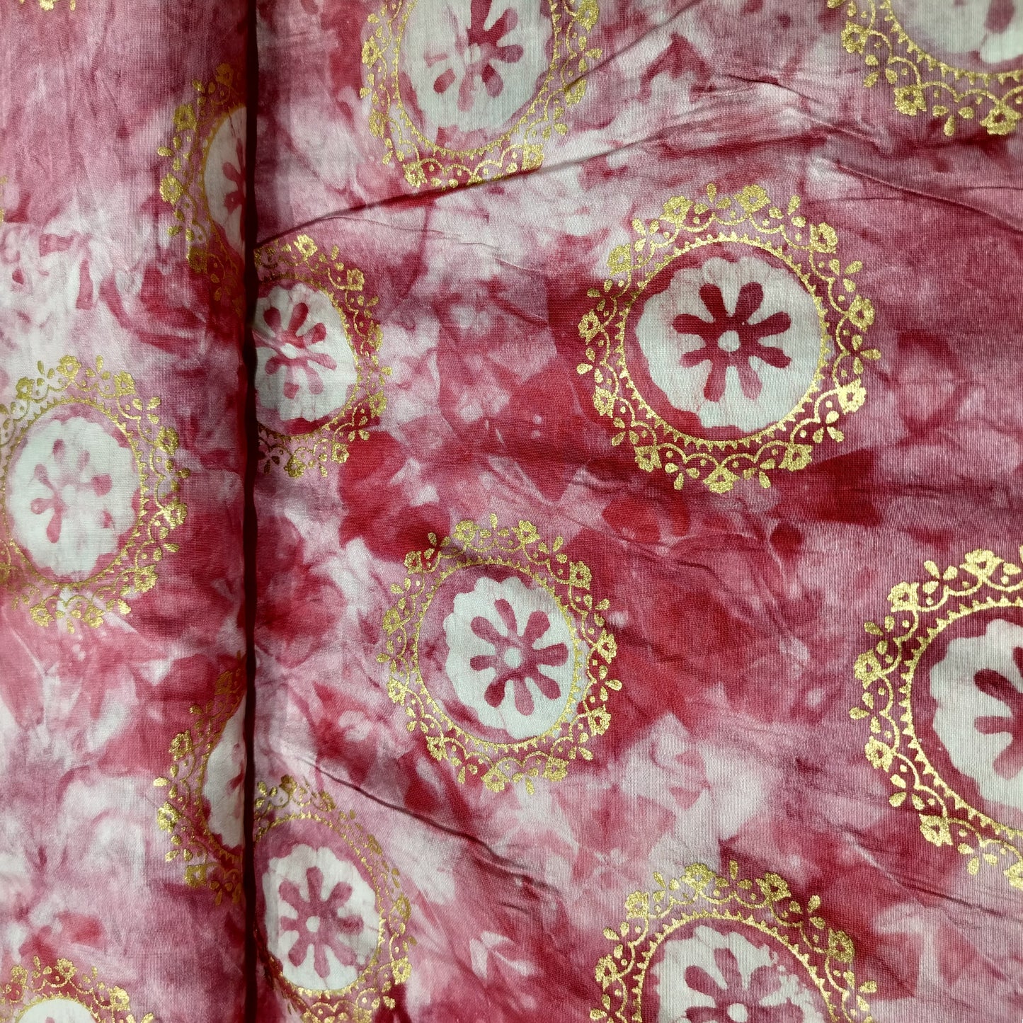 Pink Buti Batik Foil Print Chanderi Fabric 15515