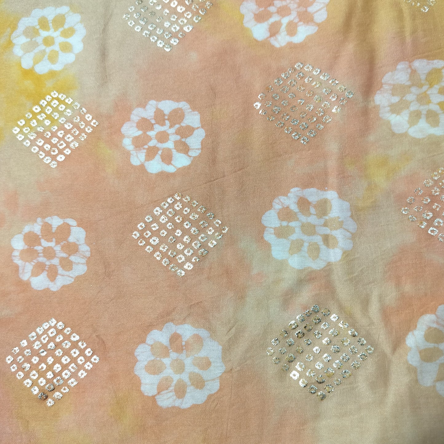 Light Orange Batik Foil Print Chanderi Fabric 15511