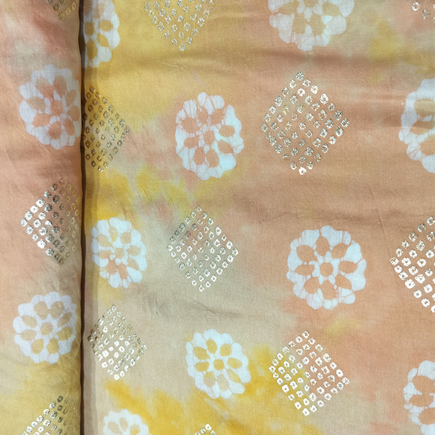 Light Orange Batik Foil Print Chanderi Fabric 15511