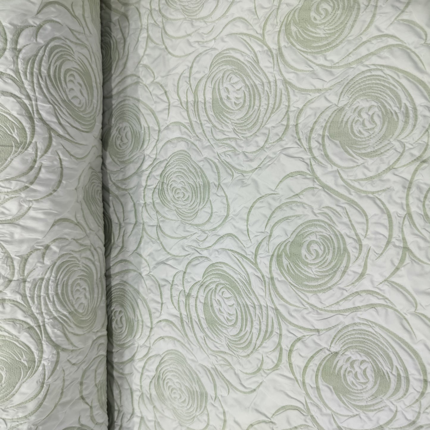 White & Green Floral Print Satin Fabric 11192