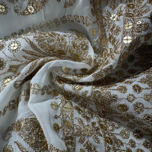 White Traditional Sequins Embroidery Georgette Fabric 15293