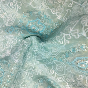 Sky Blue Geometrical Sequins Embroidery Dyeable Tissue Fabric 16255