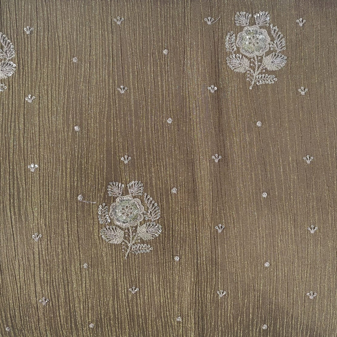 Olive Green Floral Embroidery Crushed Tissue fabric 26838