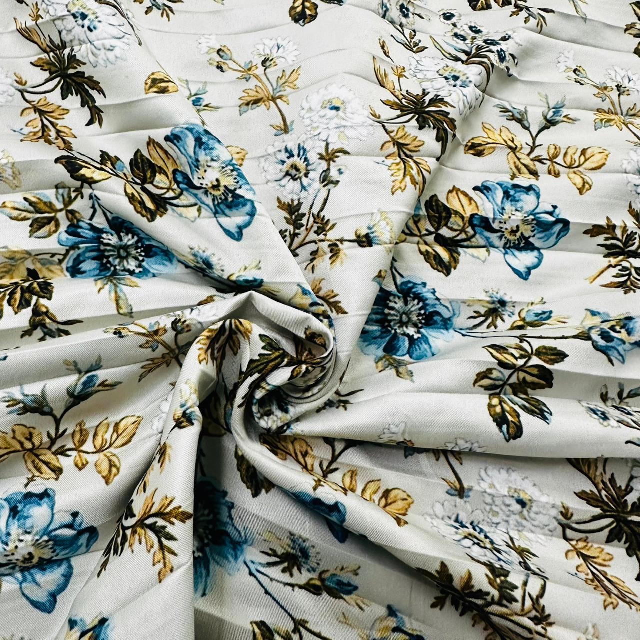 Pink Floral Print Pleated Semi Satin Twill Fabric Tu-5075