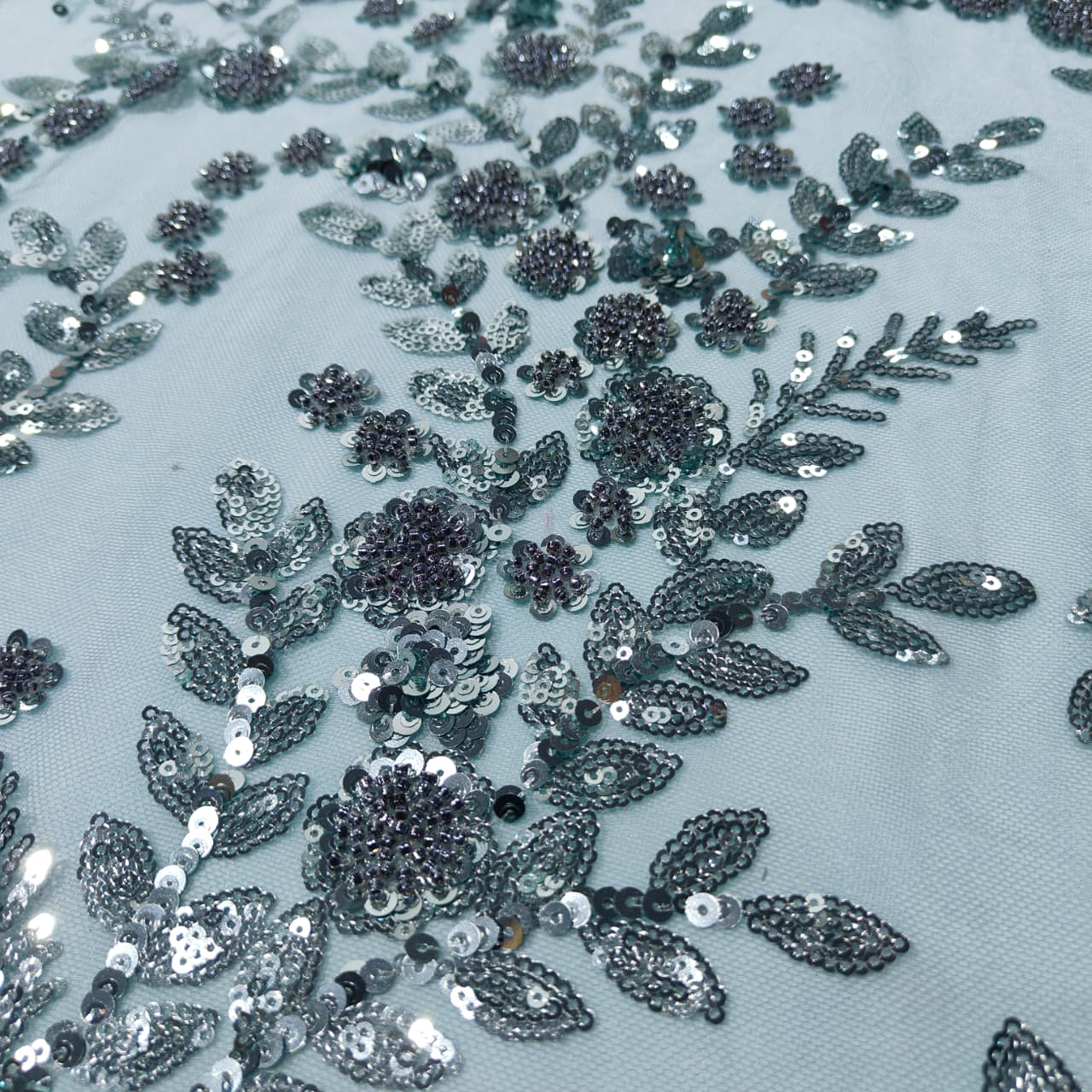 Grey Floral Sequence Handwork Embroidery Net Fabric AF-14519