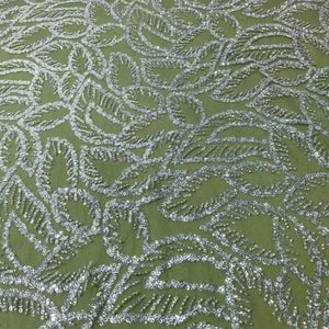 Green With Silver Leaves Sequence Pearl Embroidery Net Fabric CF-14226