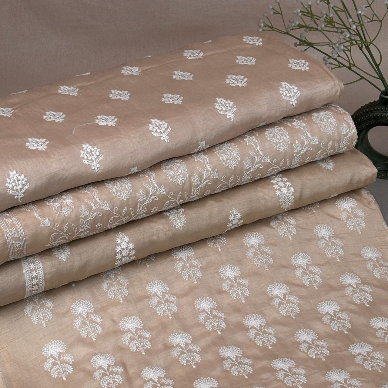 Beige Floral Embroidery Dyeable Dola Silk Fabric VI-30069