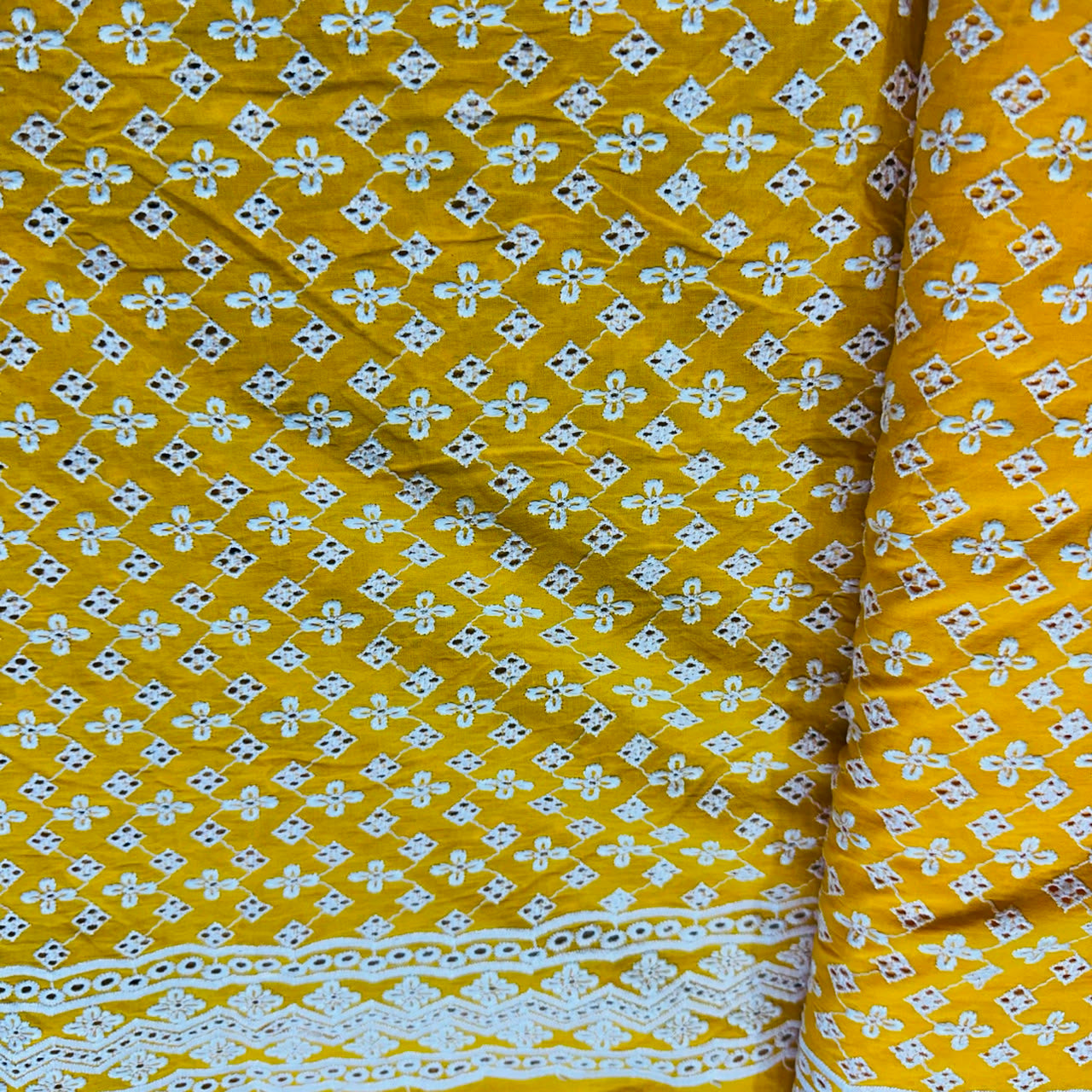 Exclusive Cotton Schiffli Yellow White Floral Embroidery Fabric SKE-17248