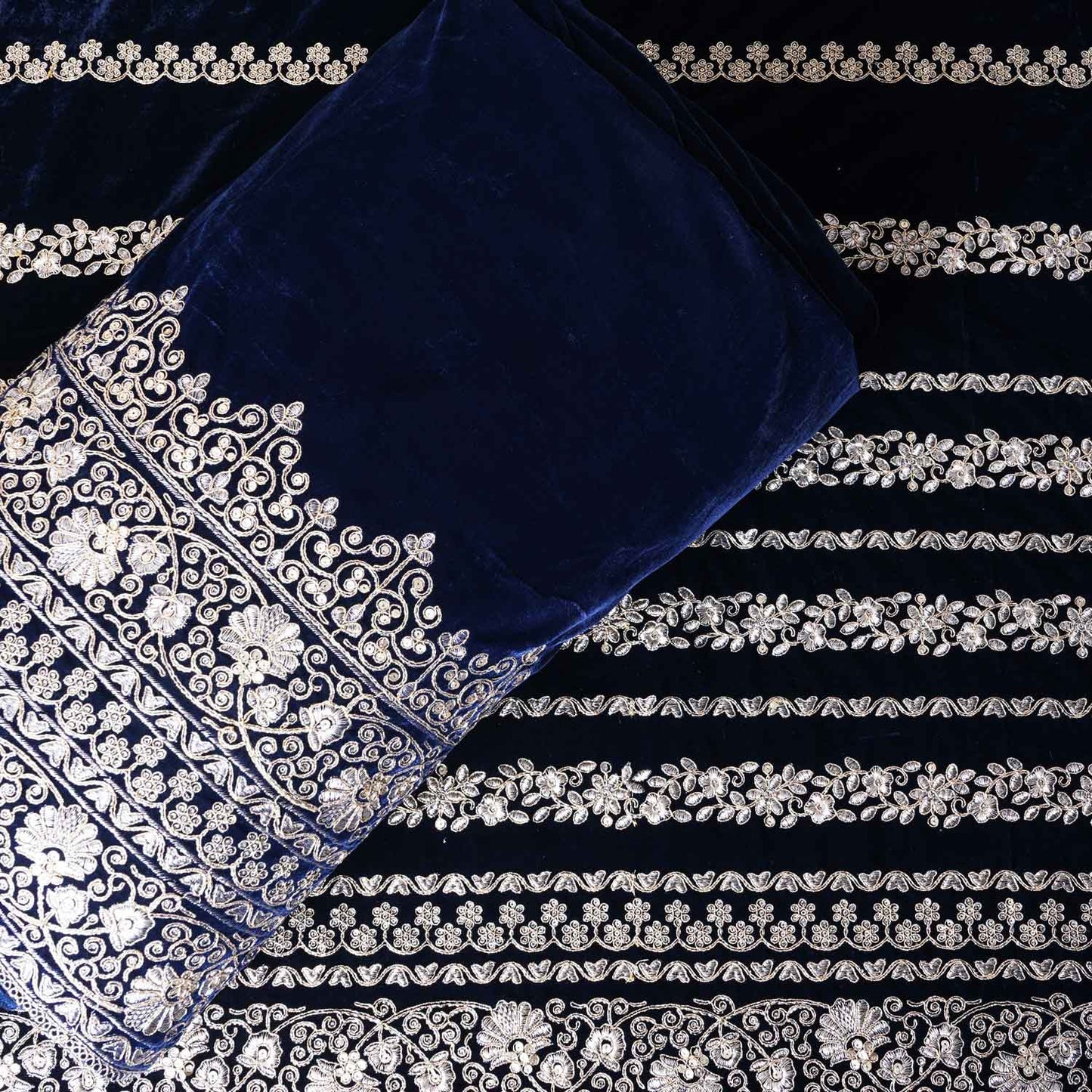 Teal Blue Zari Sequnis embroidery Velvet Fabric JD-28602