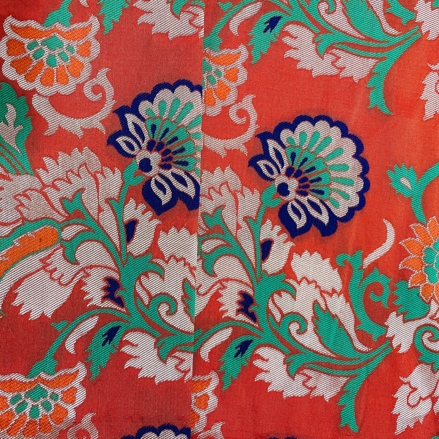 Orange & Multicolor Floral With Gold Foil Brocade Fabric - TradeUNO