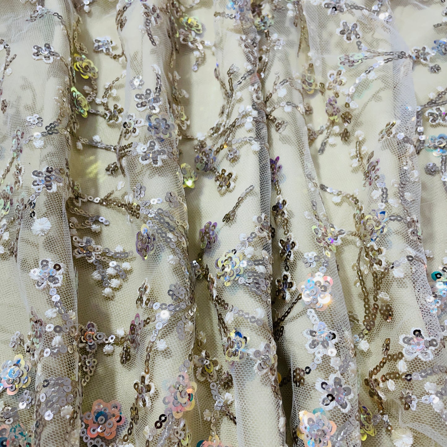 Beige Floral Sequence Embroidery Net Fabric - TradeUNO