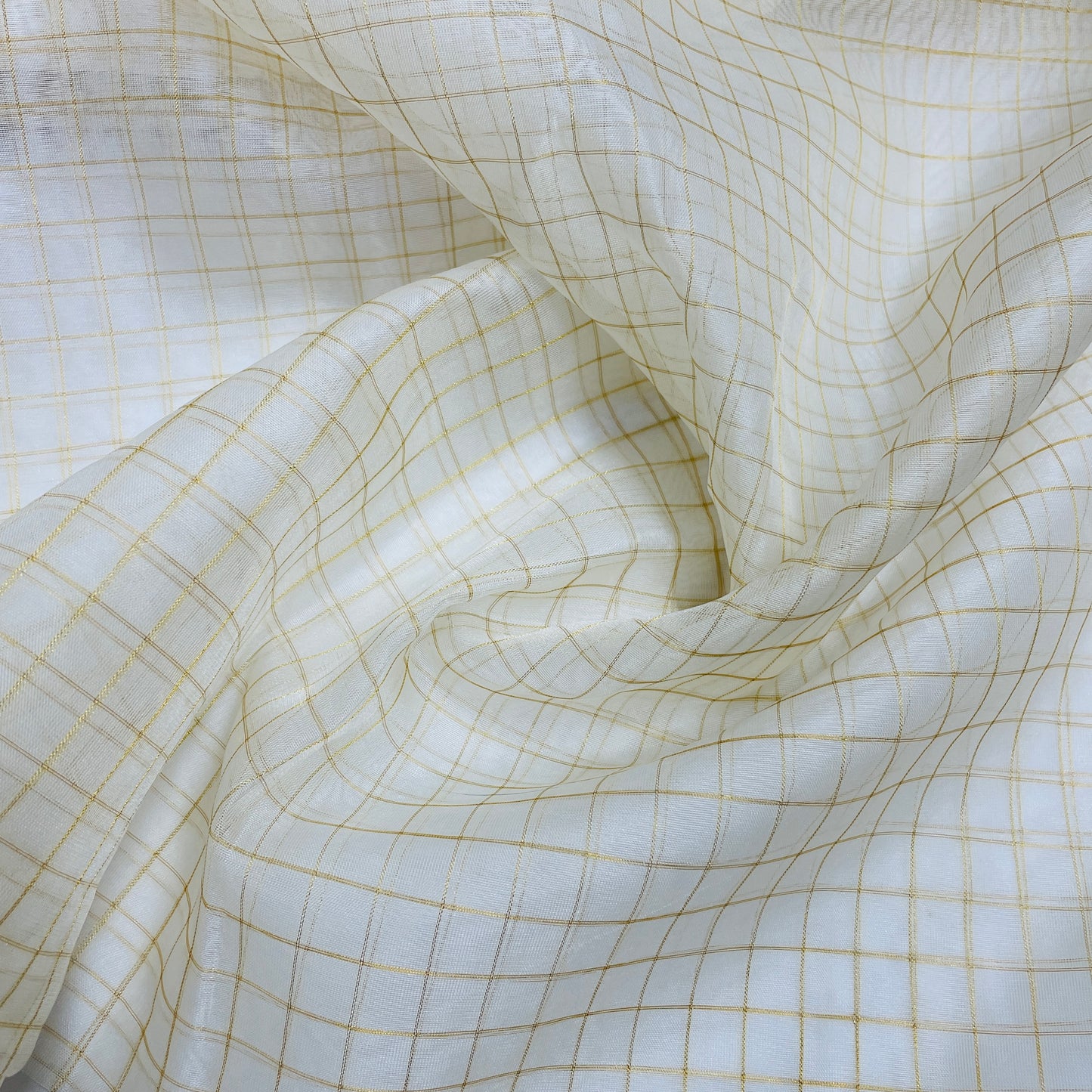 White With Gold Foil Check Border Print Organza Chanderi Jacquard