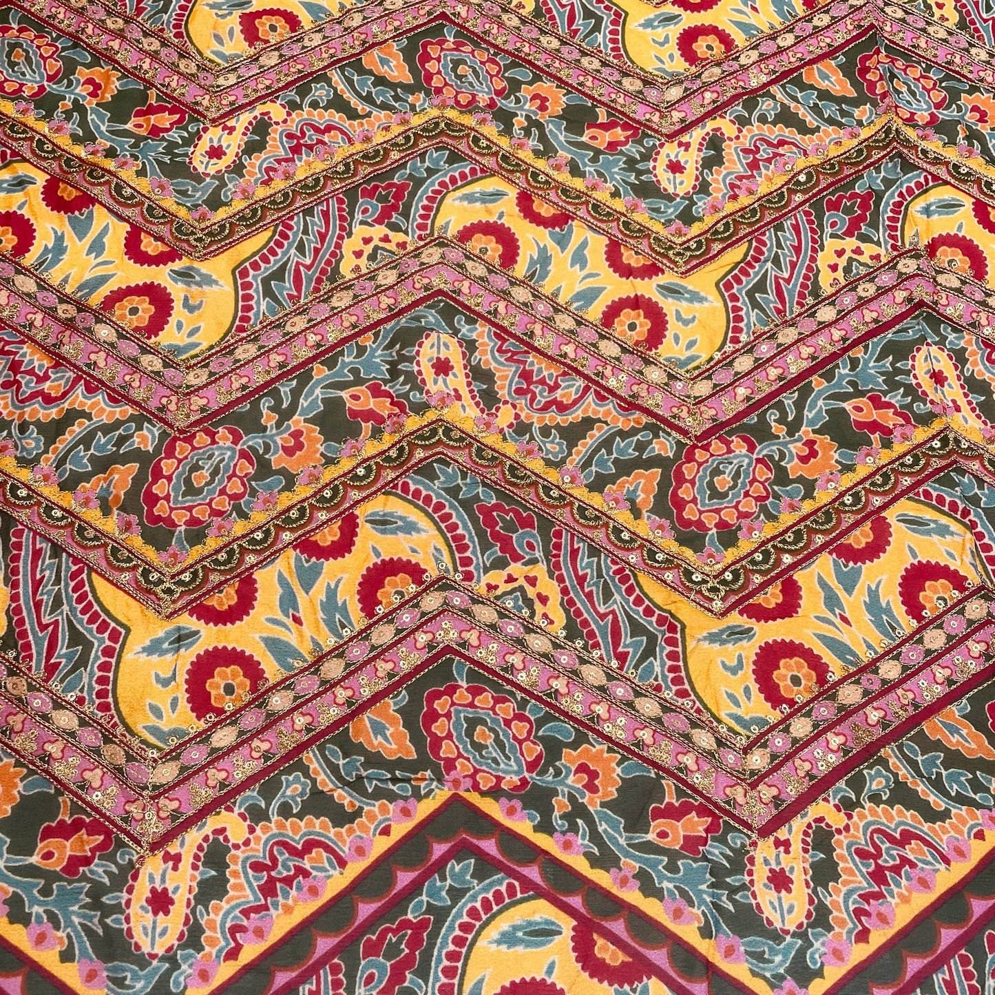 Pink & Multicolor Traditional Sequence Embroidery Chinnon Fabric - TradeUNO