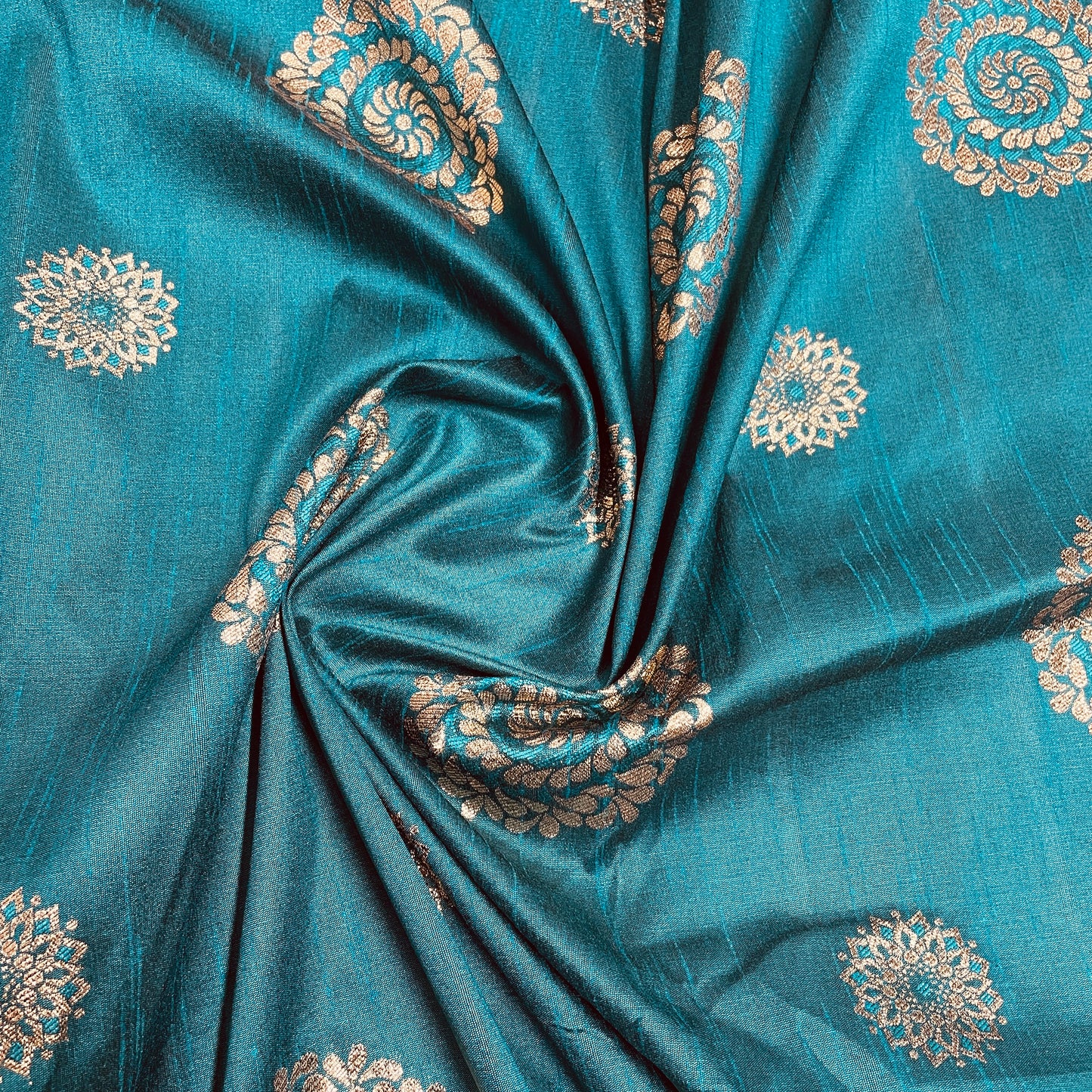 Teal Blue Floral With Gold Foil Dupion Silk Fabric - TradeUNO