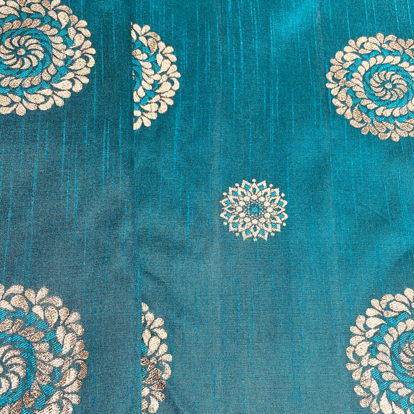 Teal Blue Floral With Gold Foil Dupion Silk Fabric - TradeUNO