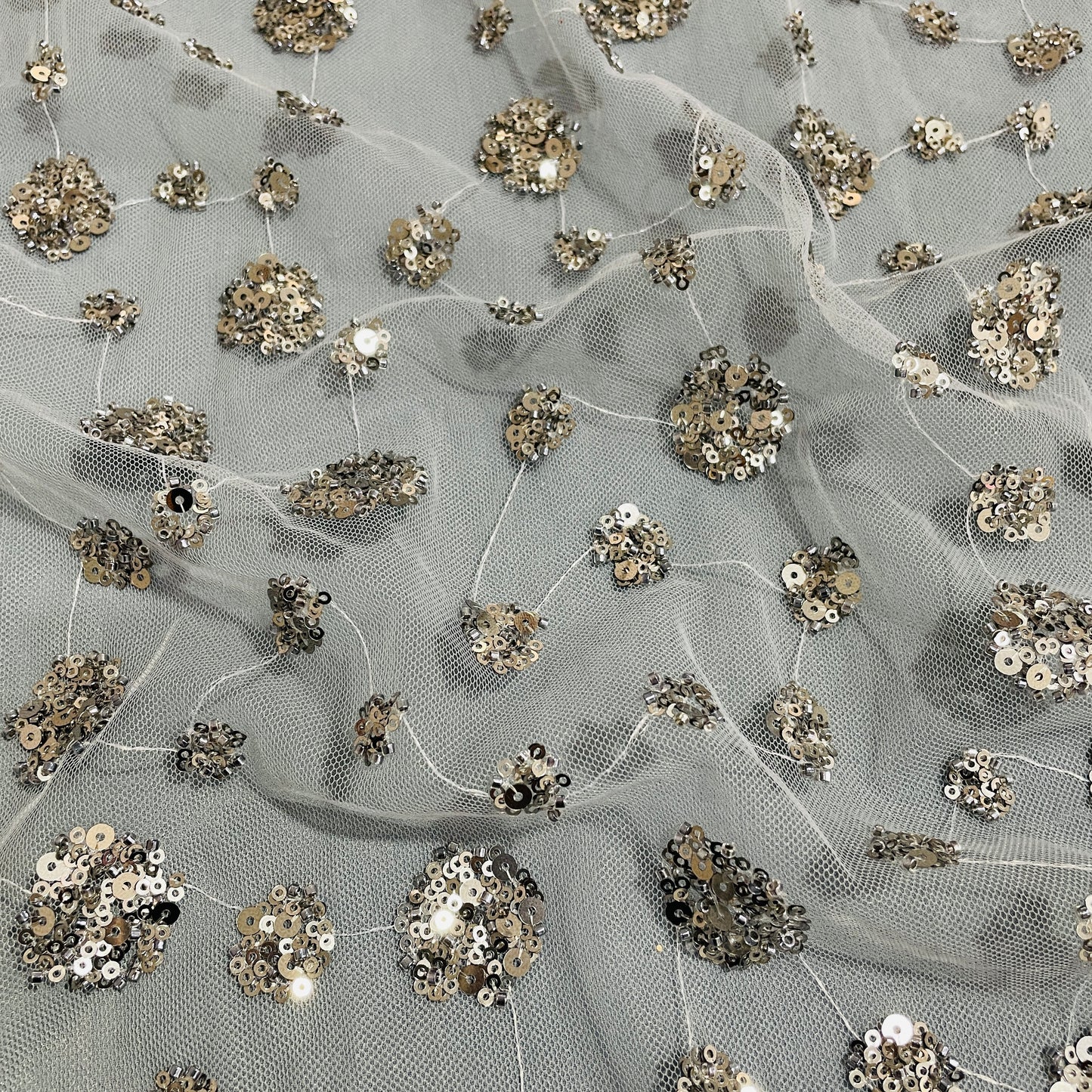Grey Floral Sequence Embroidery Net Imported Fabric - TradeUNO