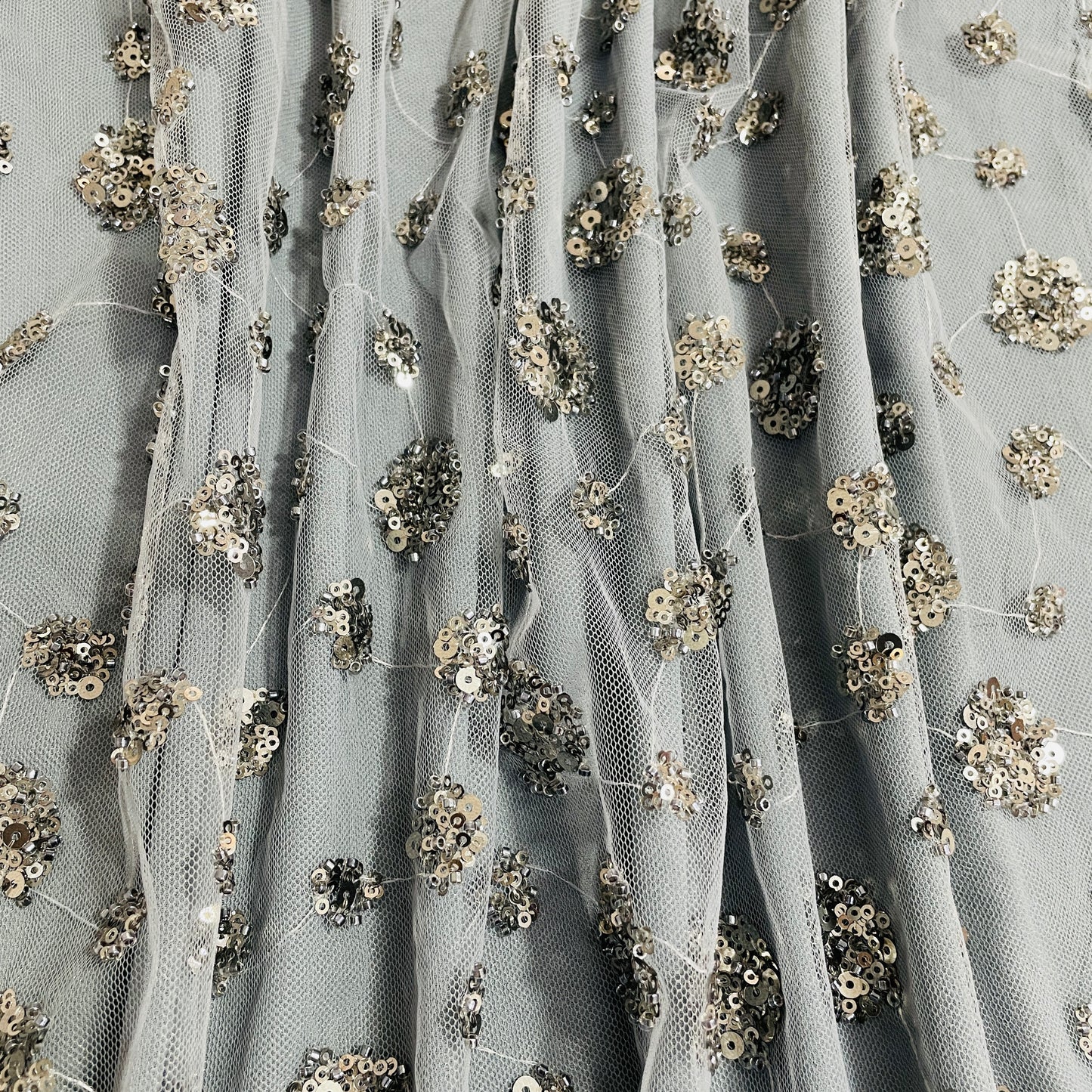 Grey Floral Sequence Embroidery Net Imported Fabric - TradeUNO