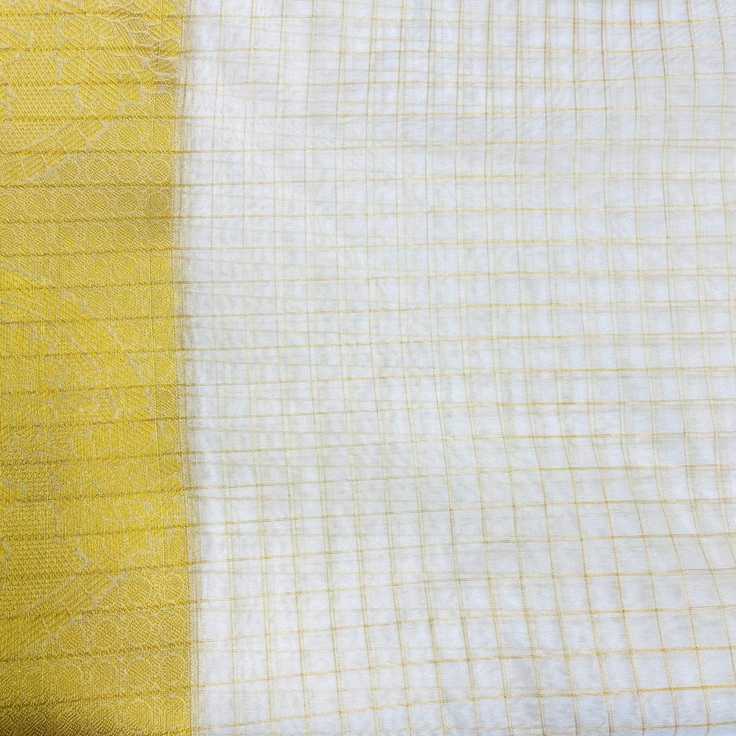 White With Gold Foil Check Border Print Organza Chanderi Jacquard