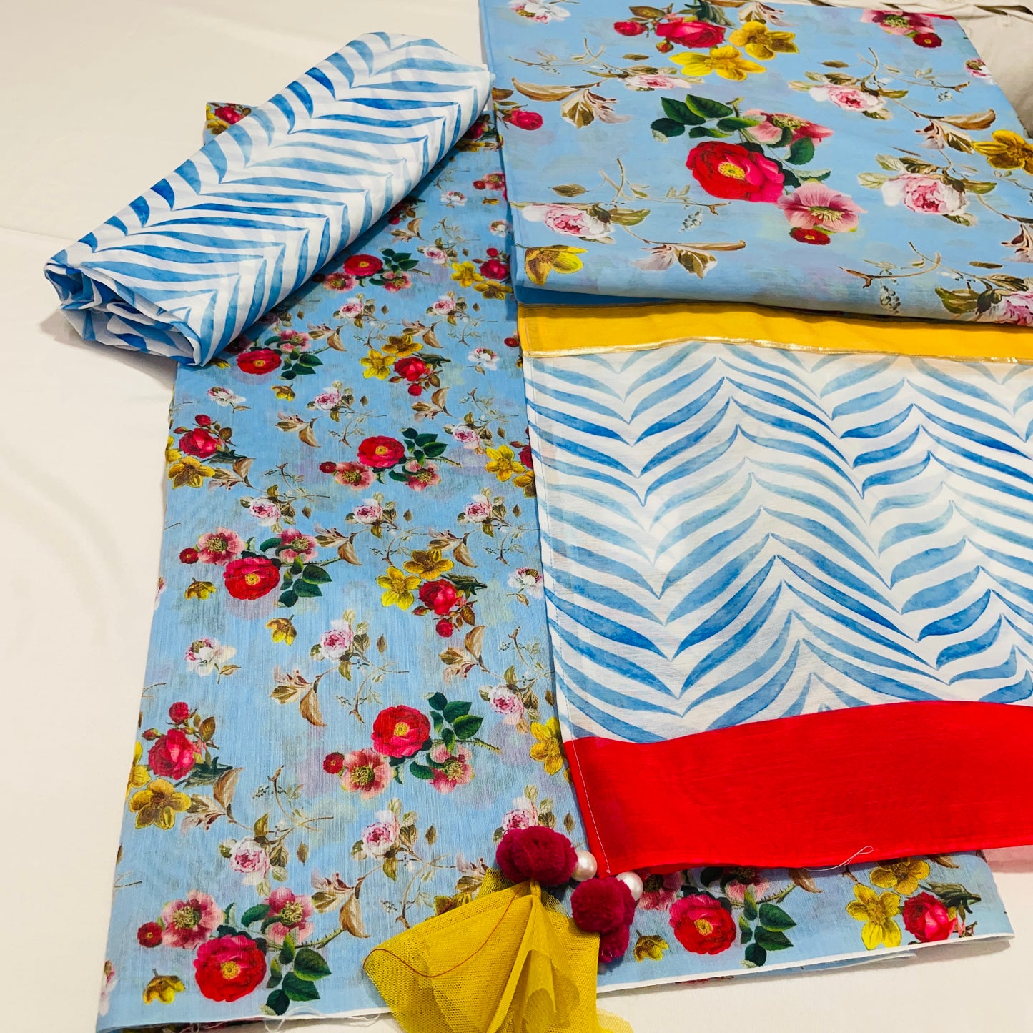 Sky Blue Floral Print Chanderi Suit Set With Dupatta - TradeUNO