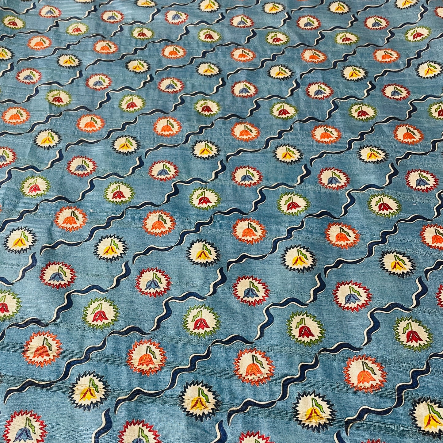 Blue Multicolor Floral Print Tusser Silk Fabric - TradeUNO