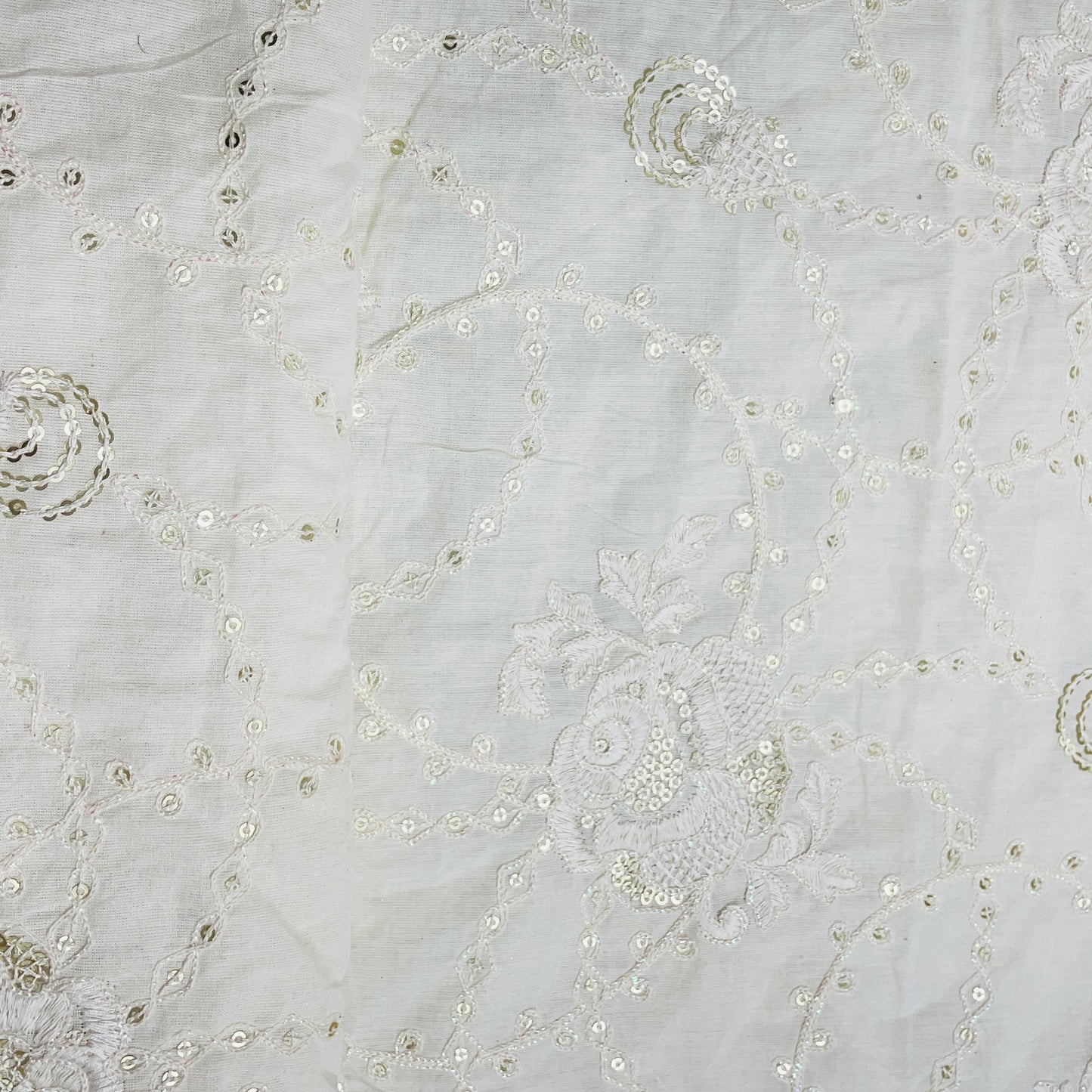 Off White Floral Sequence Embroidery Dyeable Cotton Fabric - TradeUNO