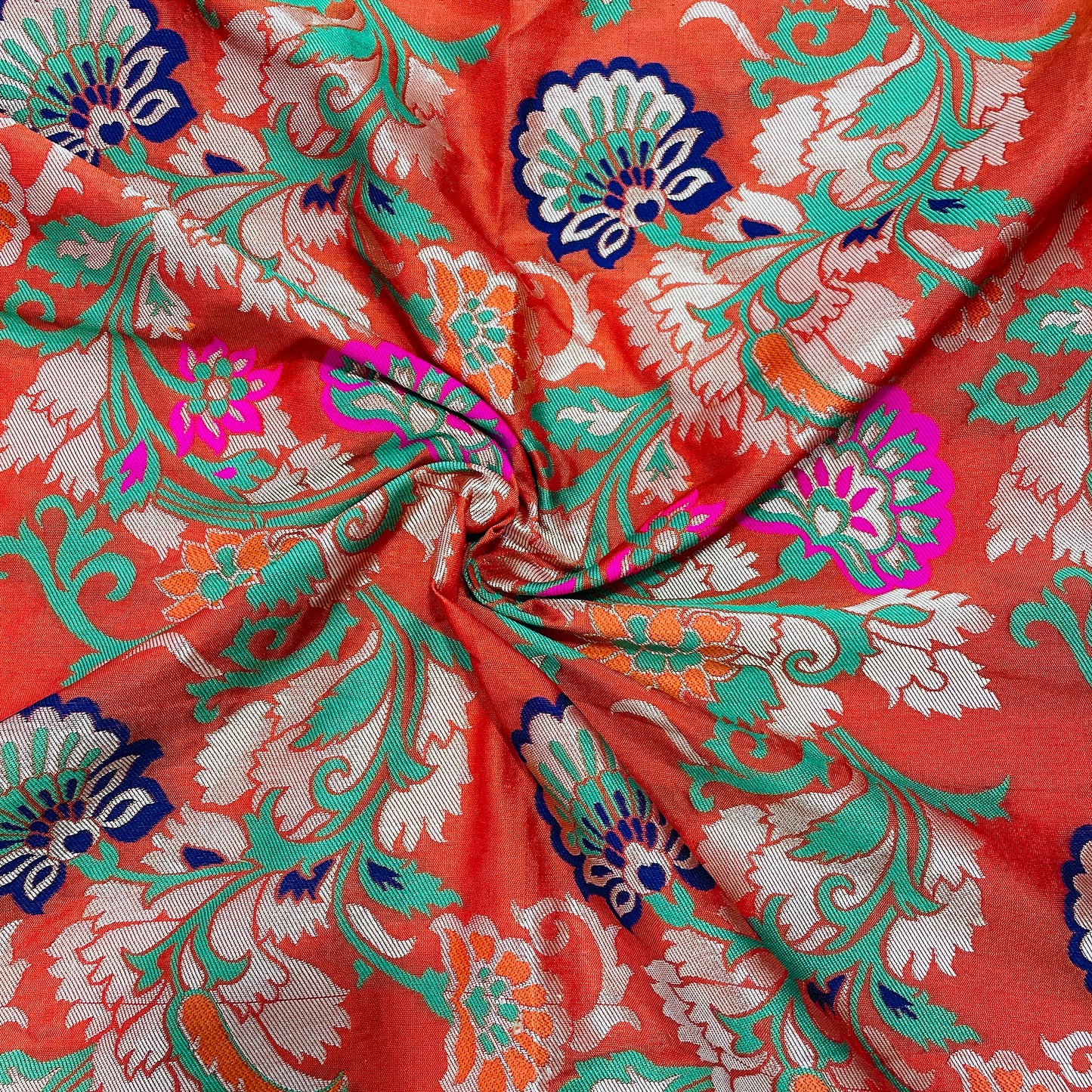 Orange & Multicolor Floral With Gold Foil Brocade Fabric - TradeUNO