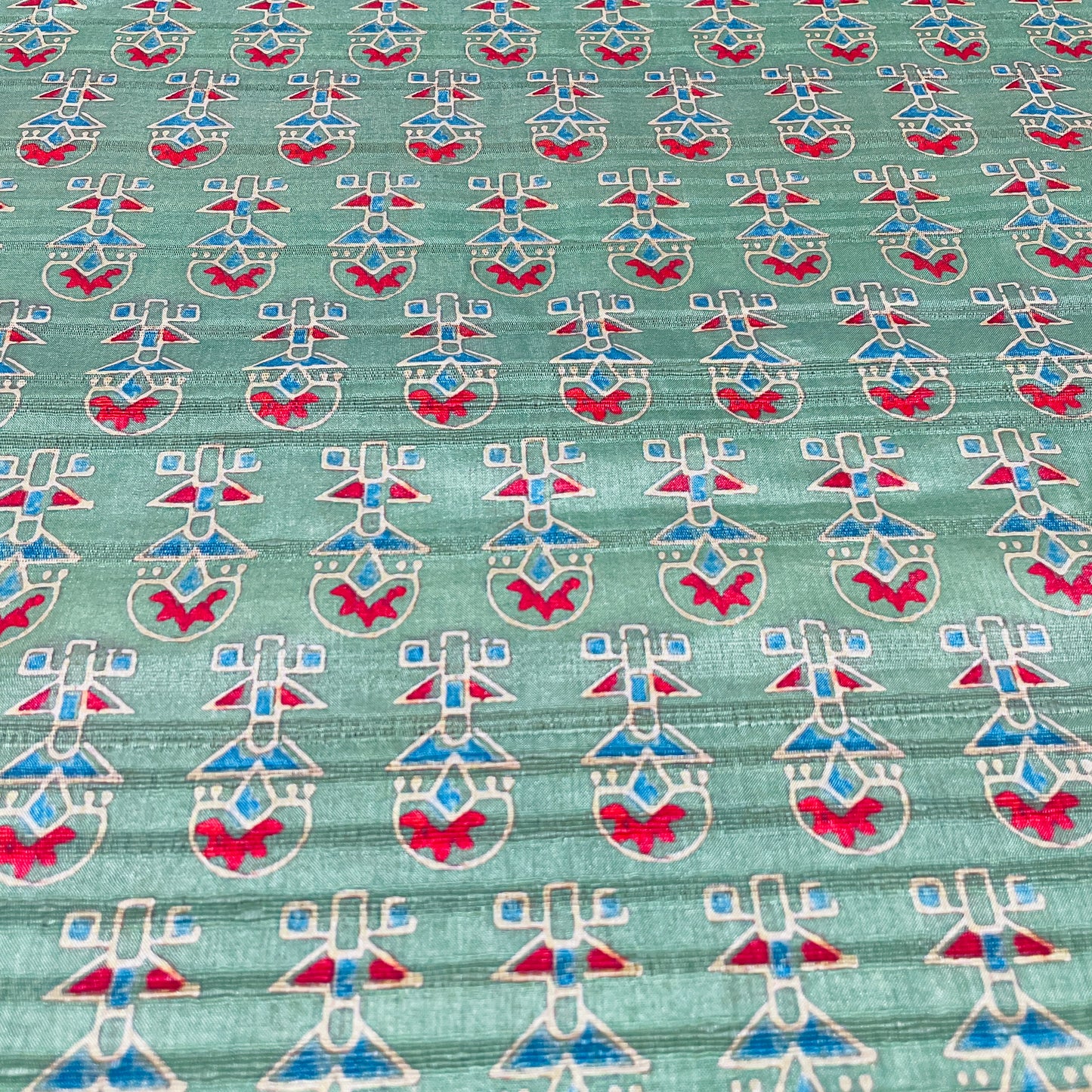 Green & Multicolor Traditional Print Tusser Silk Fabric - TradeUNO