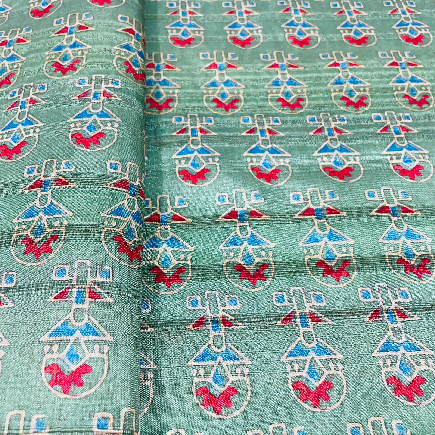 Green & Multicolor Traditional Print Tusser Silk Fabric - TradeUNO