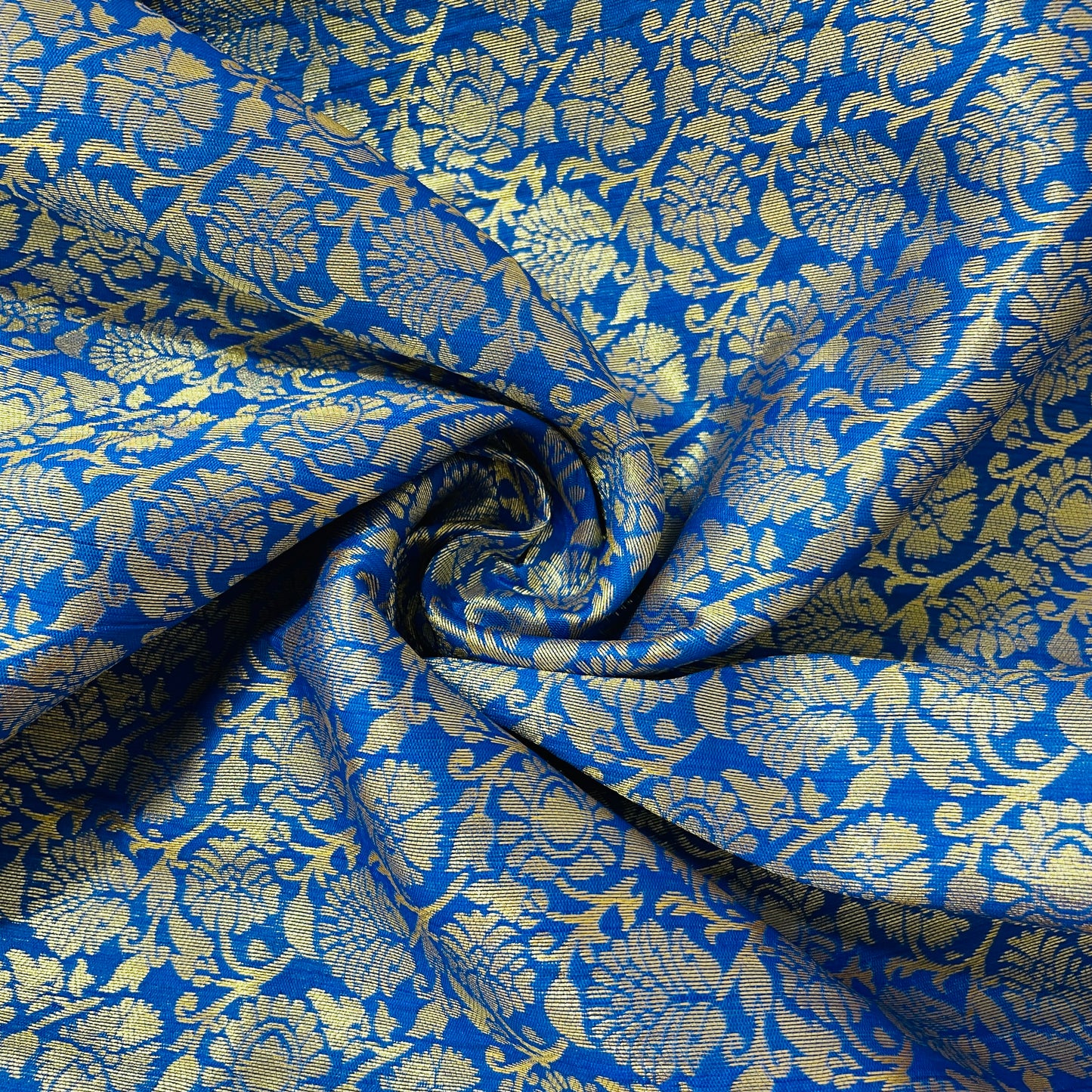 Blue Floral With Gold Foil Brocade Fabric - TradeUNO