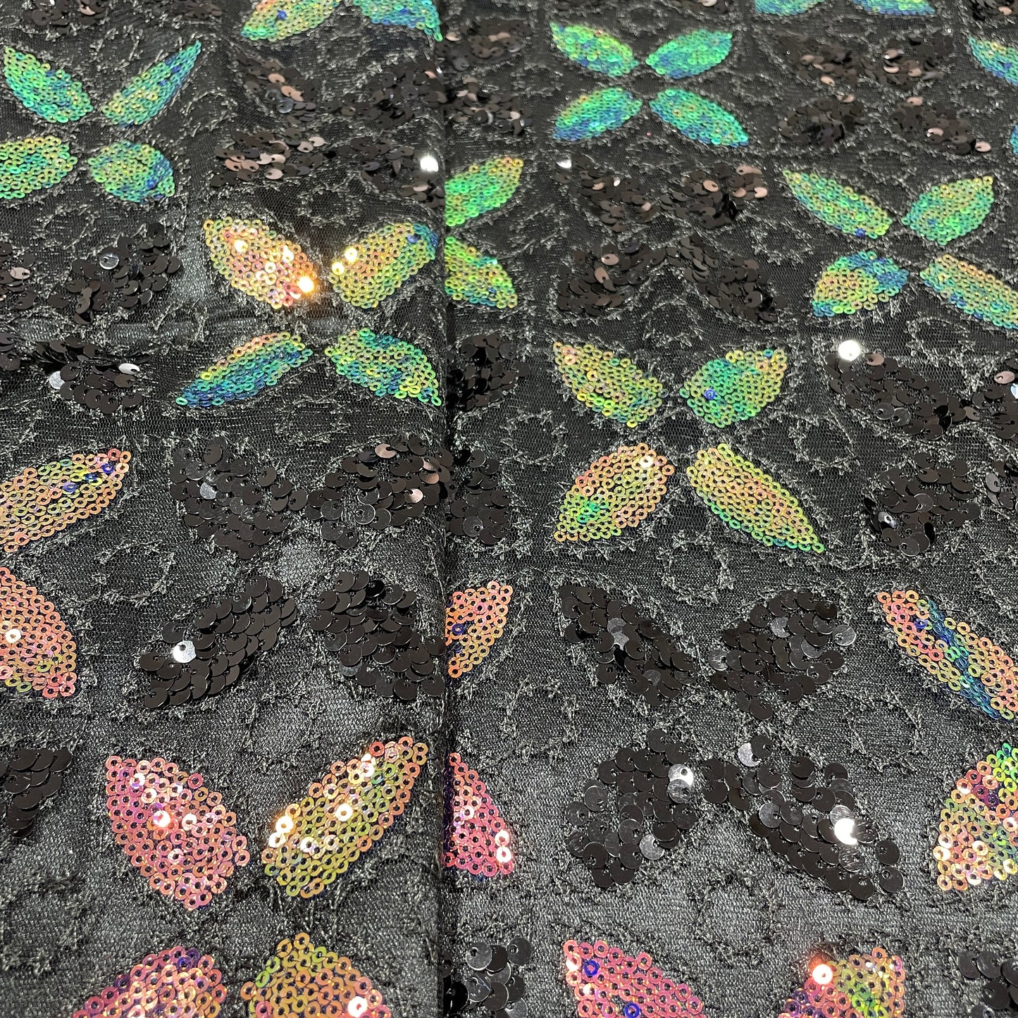 Black with Multicolor Floral Embroidery Sequence Net Lycra Fabric - TradeUNO