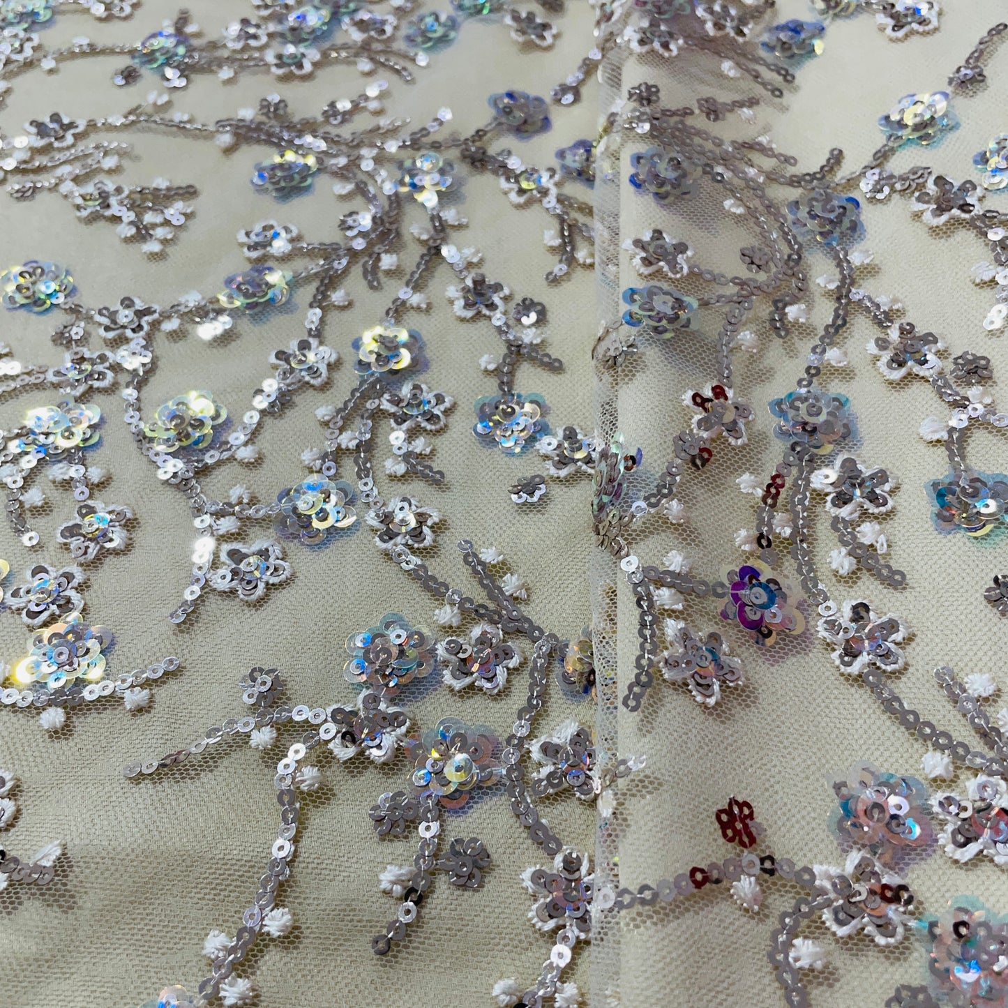 Beige Floral Sequence Embroidery Net Fabric - TradeUNO