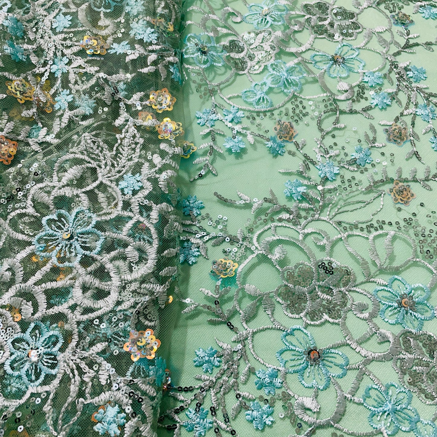Green With Sea Green Floral Sequence Embroidery Net Fabric - TradeUNO