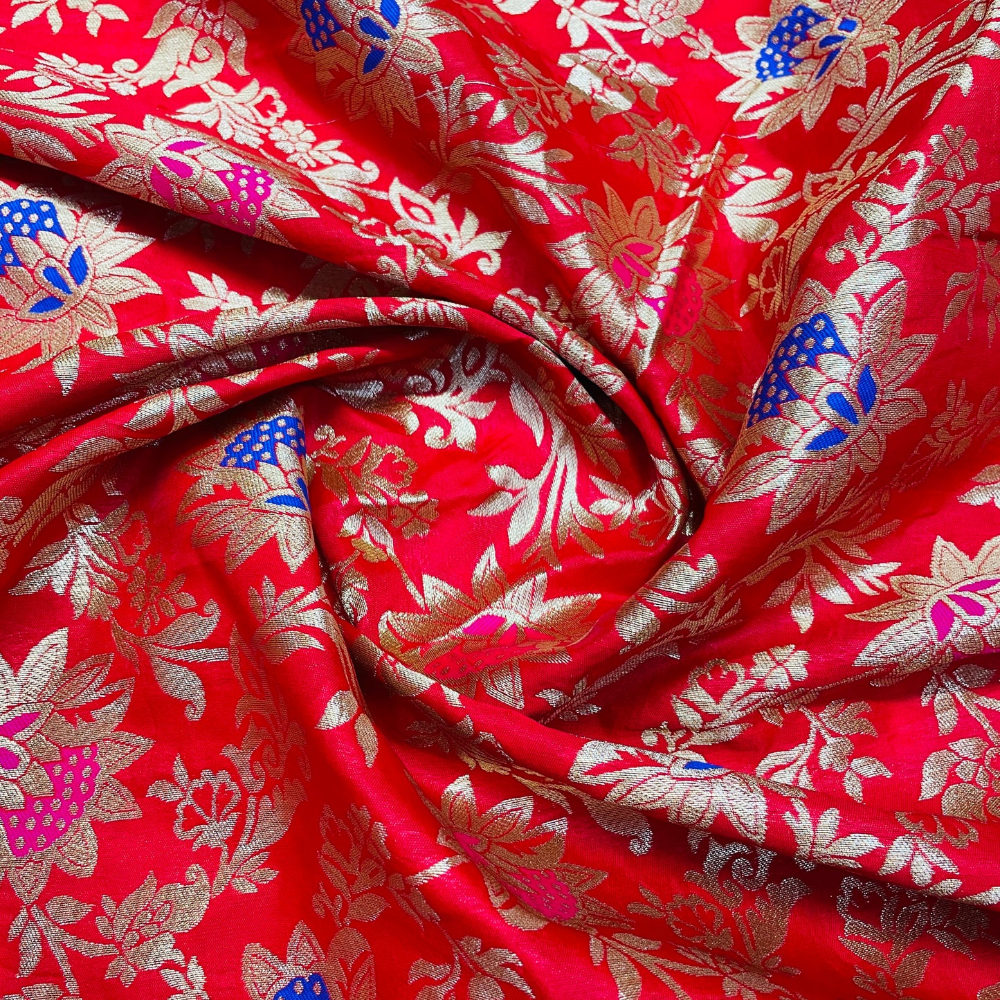 Red & Multicolor Floral With Gold Foil Brocade Fabric
