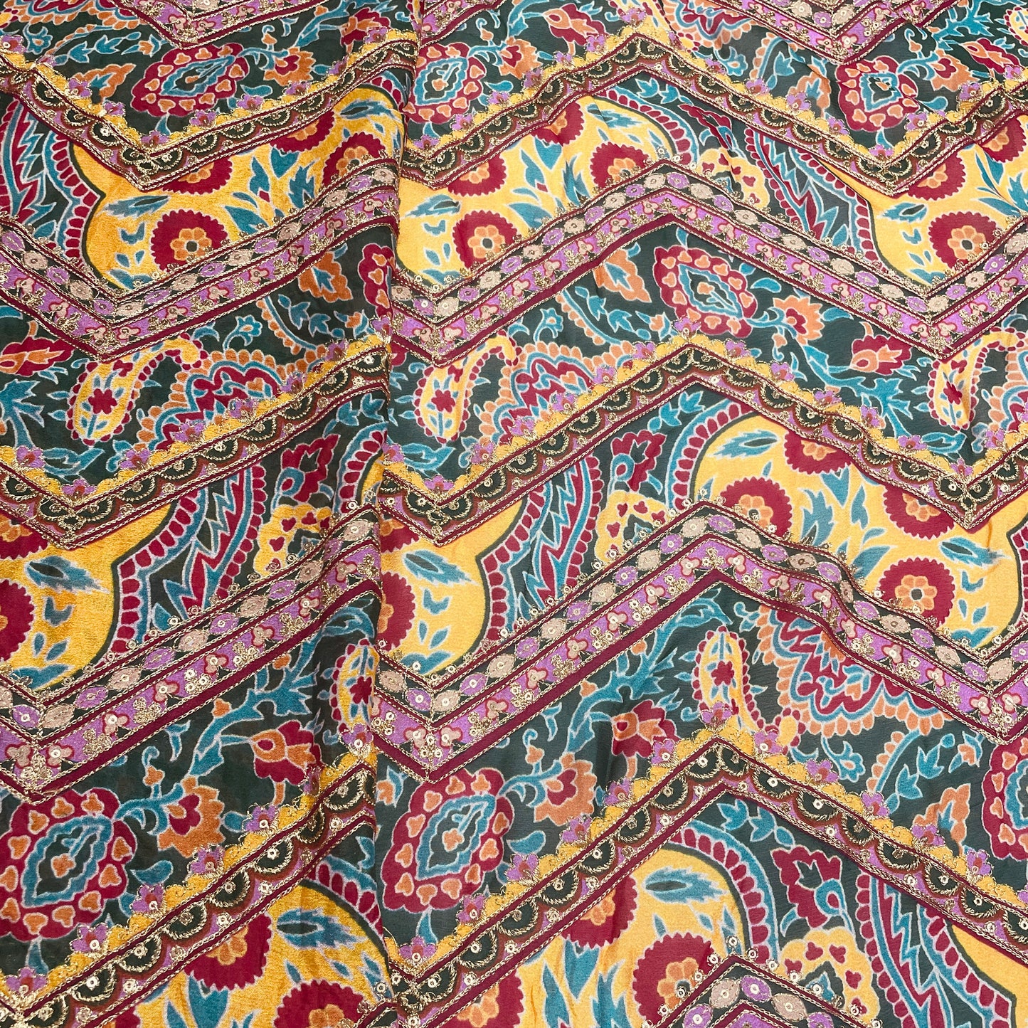 Pink & Multicolor Traditional Sequence Embroidery Chinnon Fabric - TradeUNO