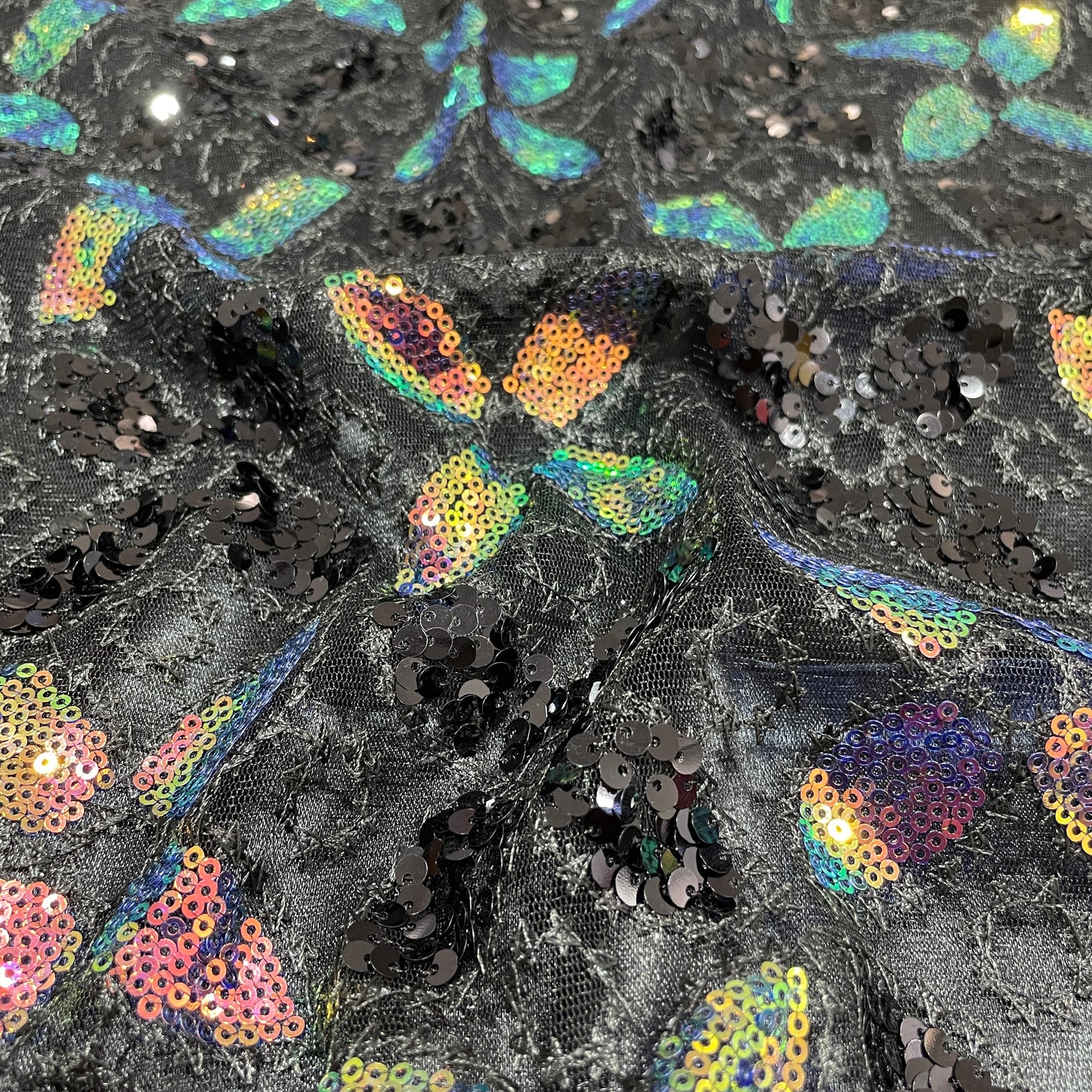 Black with Multicolor Floral Embroidery Sequence Net Lycra Fabric - TradeUNO